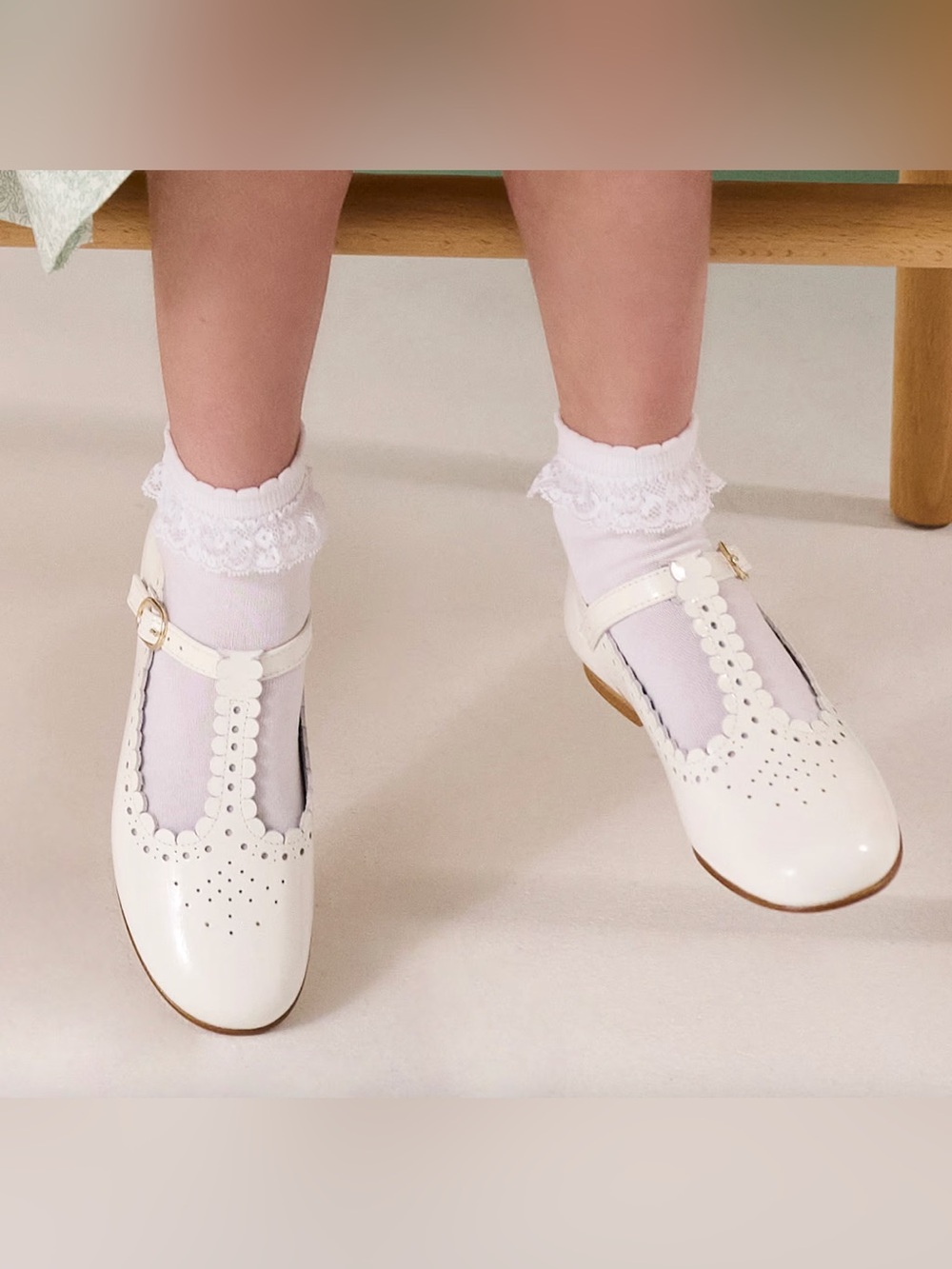 Beatrice & George Flower Girls White Mary Jane Dress Shoes with Scallops